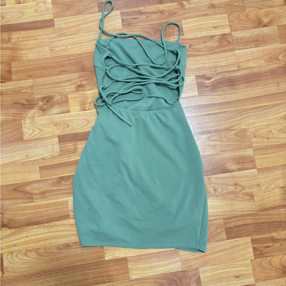 Sage Green Ruched Mini Dress - Picture 2 of 4